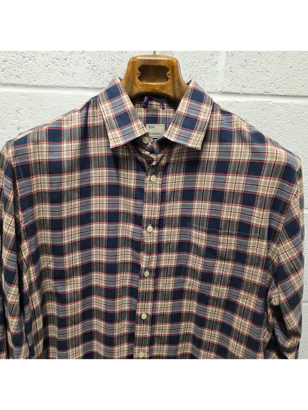Mason's  Casual Button Down Shirt Size L In Navy red  Blue Plaid Cotton 23x33